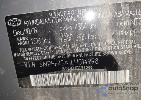 2020 Hyundai Sonata Sel from USA, damaged, VIN 5NPEF4JA1LH014998